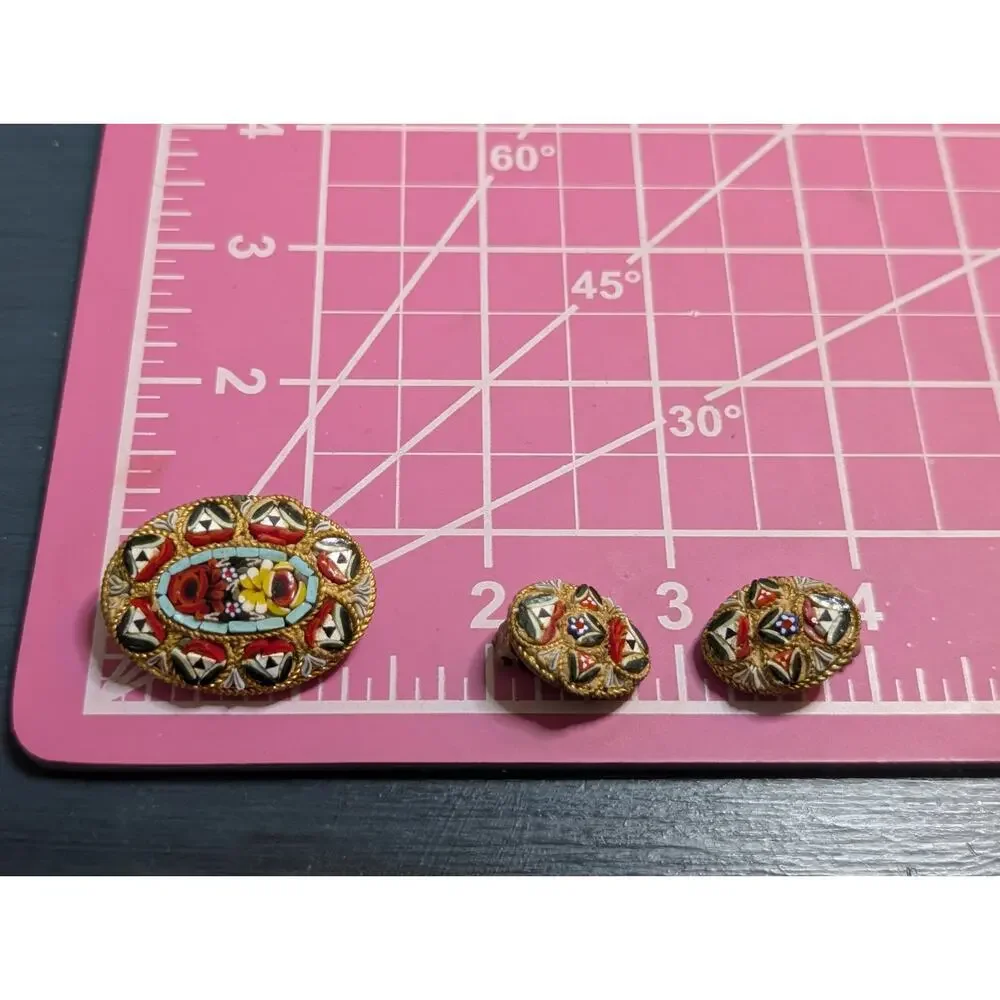 Antique Italian Micro Mosaic Multi Color Brooch & Matching Clip On Earrings